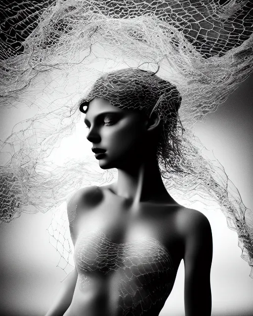 Prompt: surreal mythical dreamy dark artistic black and white fine art photo of a beautiful young female angel - mermaid - cyborg covered with translucent algae lace web, rim light, cinematic, studio dramatic light, poetic, octane render, 8 k, photo - realistic, by floria sigismondi