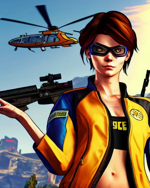 Image similar to gta 5, grand theft auto 5 cover art of tracer from overwatch