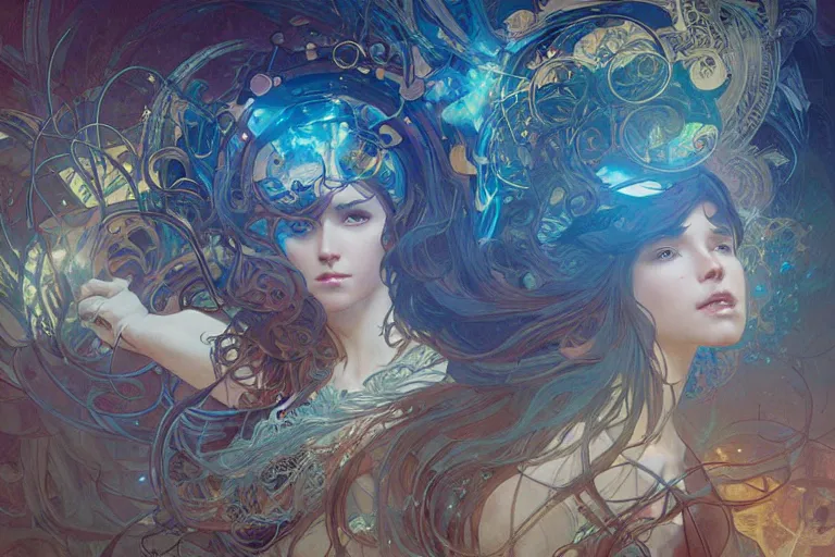 Prompt: a garden of sound, arcs of fiery neon light, swirling mystical particles and musical notes floating, beautiful, intricate, highly detailed concept art by artgerm and greg rutkowski and alphonse mucha