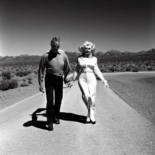 Image similar to marilyn monroe and astronaut walking across highway in arizona