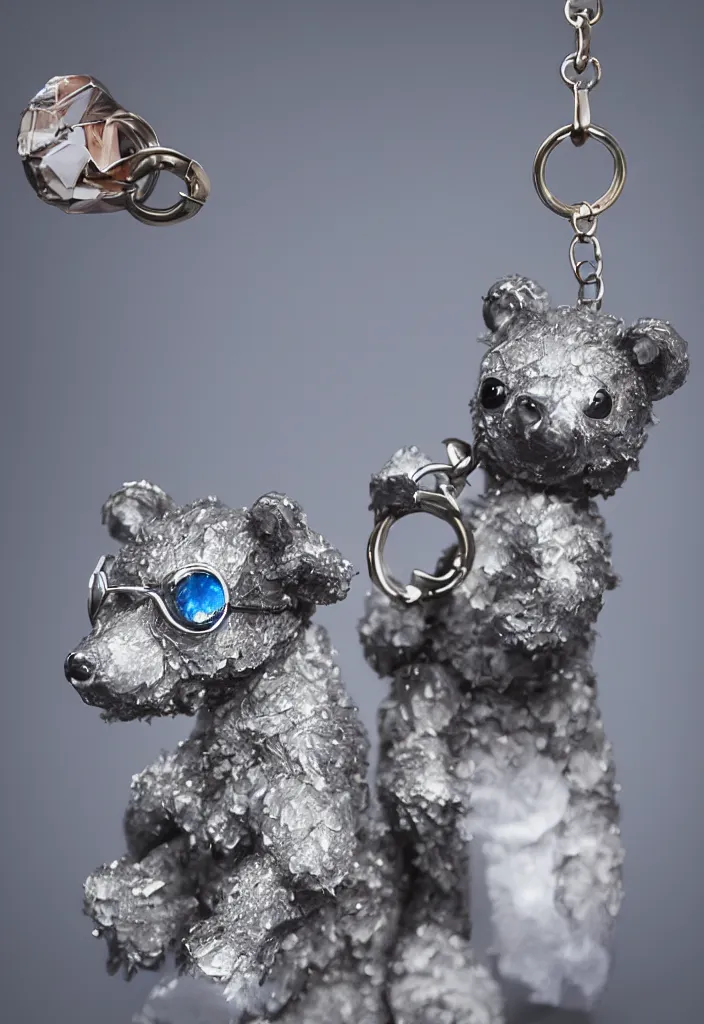 Image similar to a small cute crystal bear keychain figurine by greg rutkowski, sung choi, mitchell mohrhauser, maciej kuciara, johnson ting, maxim verehin, peter konig, 8 k photorealistic, cinematic lighting, hd, high details, dramatic, atmosphereric, trending on artstation