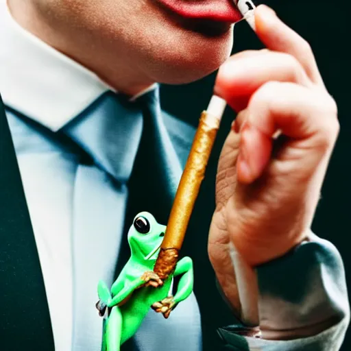 Image similar to a high detail closeup shot of a frog wearing a suit 👔,and smoking a cigarrette🚬