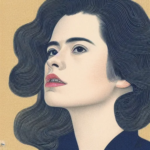 Image similar to “ hayley atwell portrait by ikenaga yasunari and ayana otake and ko rakusui, drawing, realistic, sharp focus, japanese, dreamy, nostalgia, faded, golden hues, floral clothes ”