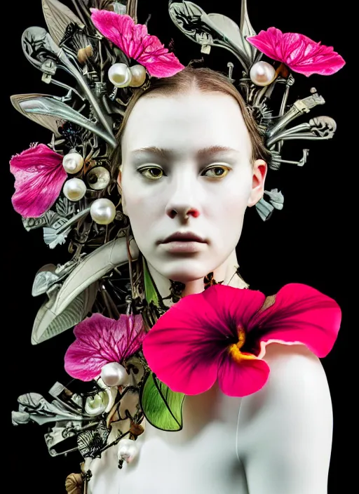 Prompt: fragile delicate biomechanical young female cyborg with porcelain translucent profile face and a big floral eye, big leaves foliage and stems, hibiscus flowers, boho floral fashion by alexander mcqueen, rim light, art nouveau fashion pearl embroidered collar, steampunk, on black background