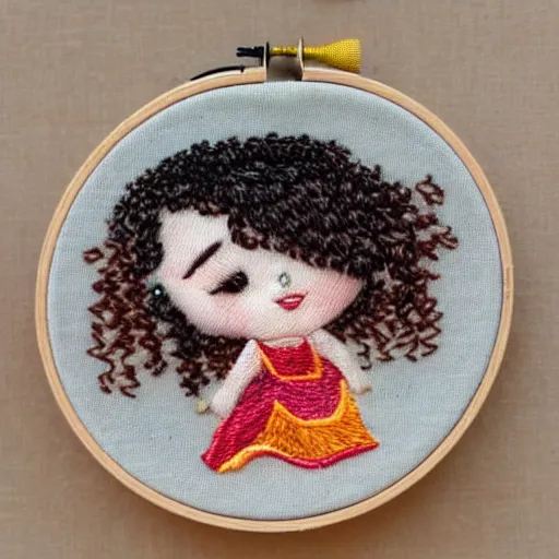 Image similar to a tiny beautiful handmade embroidery of a little girl with brown curly hair. hand embroidery.