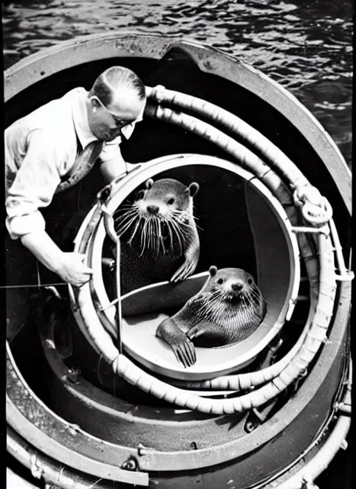 Image similar to an otter repairing a bathysphere, vintage photograph