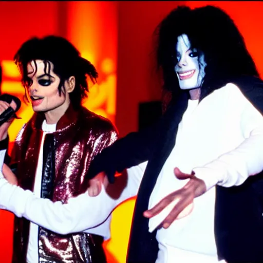 Image similar to kevin smith and michael jackson performing together at the standup show, realistic photo, 8k, light falling on the stage, highly detailed, hyperrealistic, very detailed