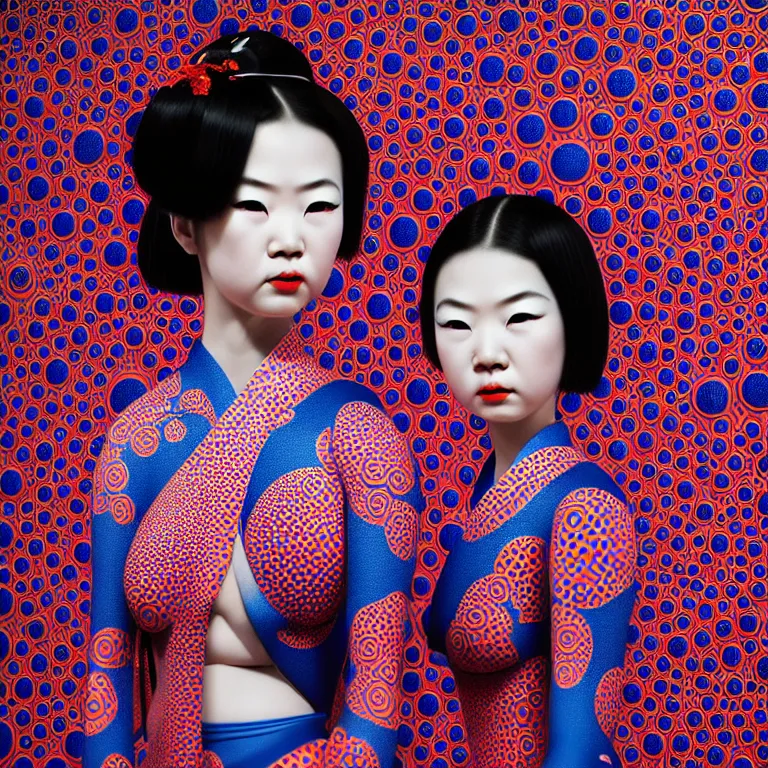 Image similar to hyperrealistic detailed image of a geisha in a art installation room, hd smooth interior by yayoi kusama, part by kei mieno, part by ross tran, dark art by james jean, ultra realistic, highly detailed, life like face, detailed body, 8 k, 3 d render by roger magrini, masterpiece