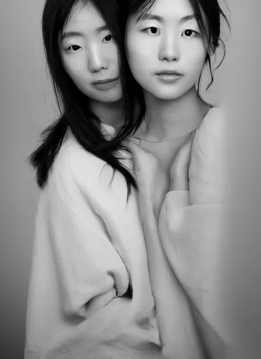 Image similar to portrait of erika ikuta and ikuta lilas, by charlotte grimm, natural light, detailed face, beautiful features, symmetrical, canon eos c 3 0 0, ƒ 1. 8, 3 5 mm, 8 k, medium - format print, half body shot