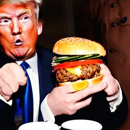 Image similar to donald trump eating a cheeseburger, paparazzi photo