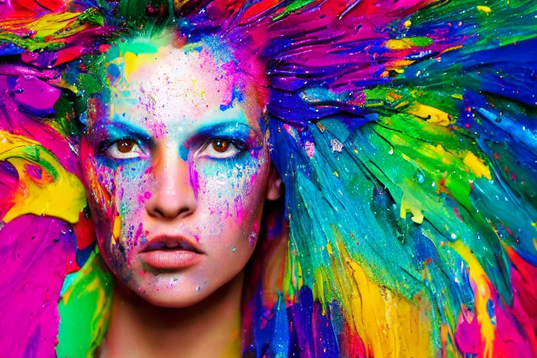 Image similar to a highly detailed cinematic headshot portrait photograph of a woman with a liquid paint headdress, with rainbow paint splash, melting smoothly into other faces, liquid, ultra realistic, beautiful rim lighting, by richard avedon and annie leibovitz and arnold newman, photorealistic, hyperrealistic, octane, high speed camera, zeiss lens, sharp focus, paint splash