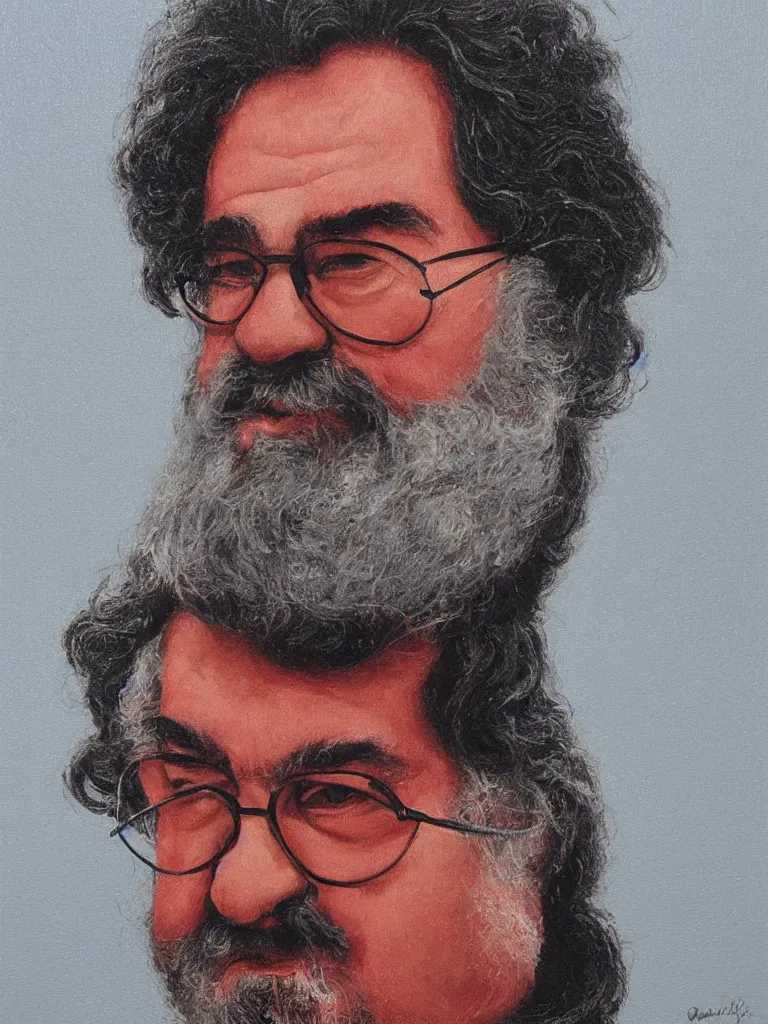 Image similar to professional painting of Jerry Garcia in the style of Quint Buchholz, head and shoulders portrait, symmetrical facial features, smooth, sharp focus, illustration, intricate, stormy weather, extremely detailed masterpiece,