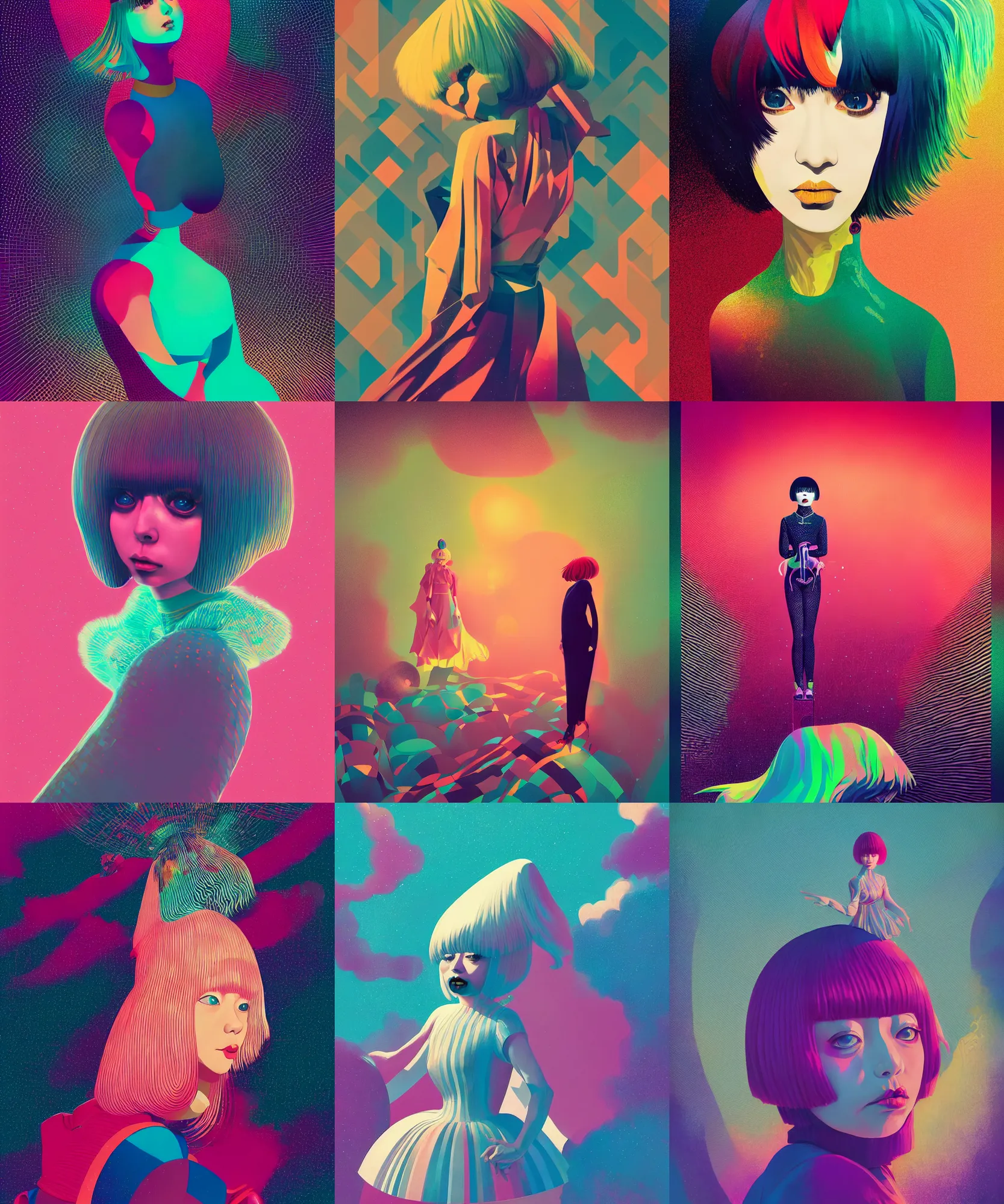 Prompt: ( ( dither ) ), editorial illustration full body portrait of kyary pamyu pamyu posing, dynamic pose, modern art deco, colorful, ( ( mads berg ) ), christopher balaskas, victo ngai, rich grainy texture, detailed, dynamic composition, wide angle, matte print, moebius