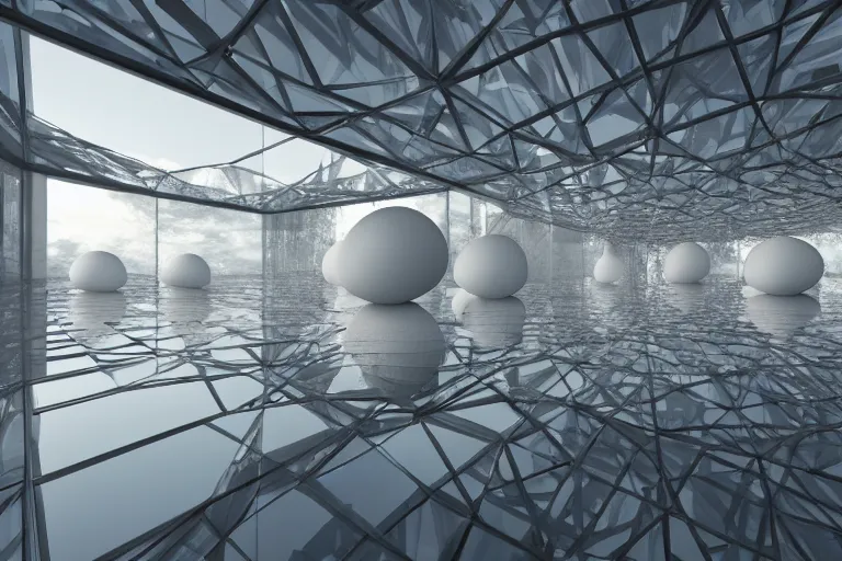 Image similar to a building interior formed by the intersection and fusion of many multi white spherical egg shaped spaces, on the calm lake surface, people's perspective award winning, highly detailed 4 k art, dusk, unreal engine highly rendered, global illumination, radial light, internal environment by kazuyo sejima