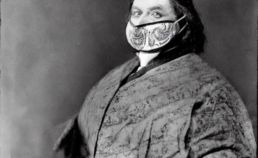 Prompt: a burly man in a gentleman's dress. he has long gray hair and a silver mask on his face. the mask has beautiful patterns. he wears white gloves and holds a walking stick inlaid with ruby.