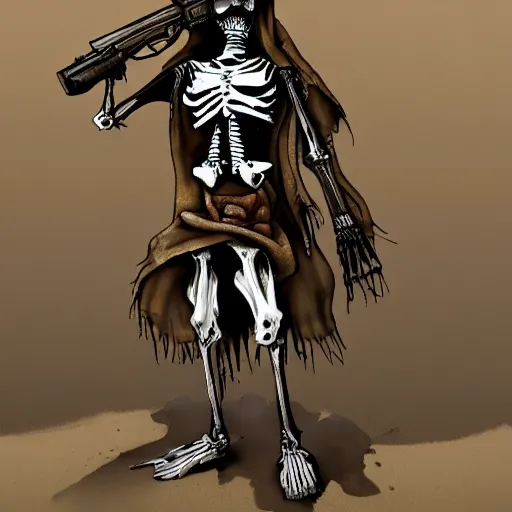 Prompt: photo of Skeleton zombie russian warrior with ak-47 asiimov, photorealism,