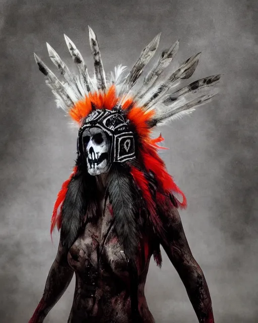 Image similar to wolf mutant ghost - spirit of the grim - warpaint wears the scarlet skull armor and native blood headdress feathers, midnight fog - mist!, dark oil painting colors, realism, cinematic lighting, various refining methods, micro macro autofocus, ultra definition, award winning photo, photograph by ghostwave - gammell - giger - shadowlord