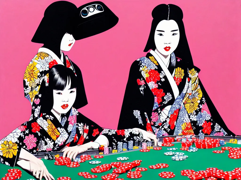 Image similar to hyperrealism composition of the detailed woman in a japanese kimono sitting at an extremely detailed poker table with darth vader, fireworks on the background, pop - art style, jacky tsai style, andy warhol style, acrylic on canvas