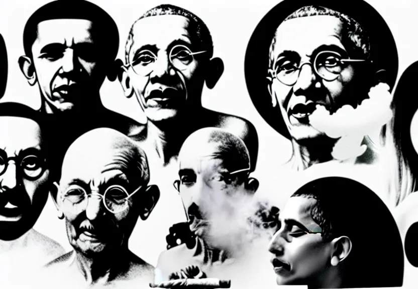 Image similar to Gandhi , Obama, Jesus, And Lady GaGa sharing a joint smoking in a circle, photograph credit: AP, Andy Warhol, photograph, by Beeple