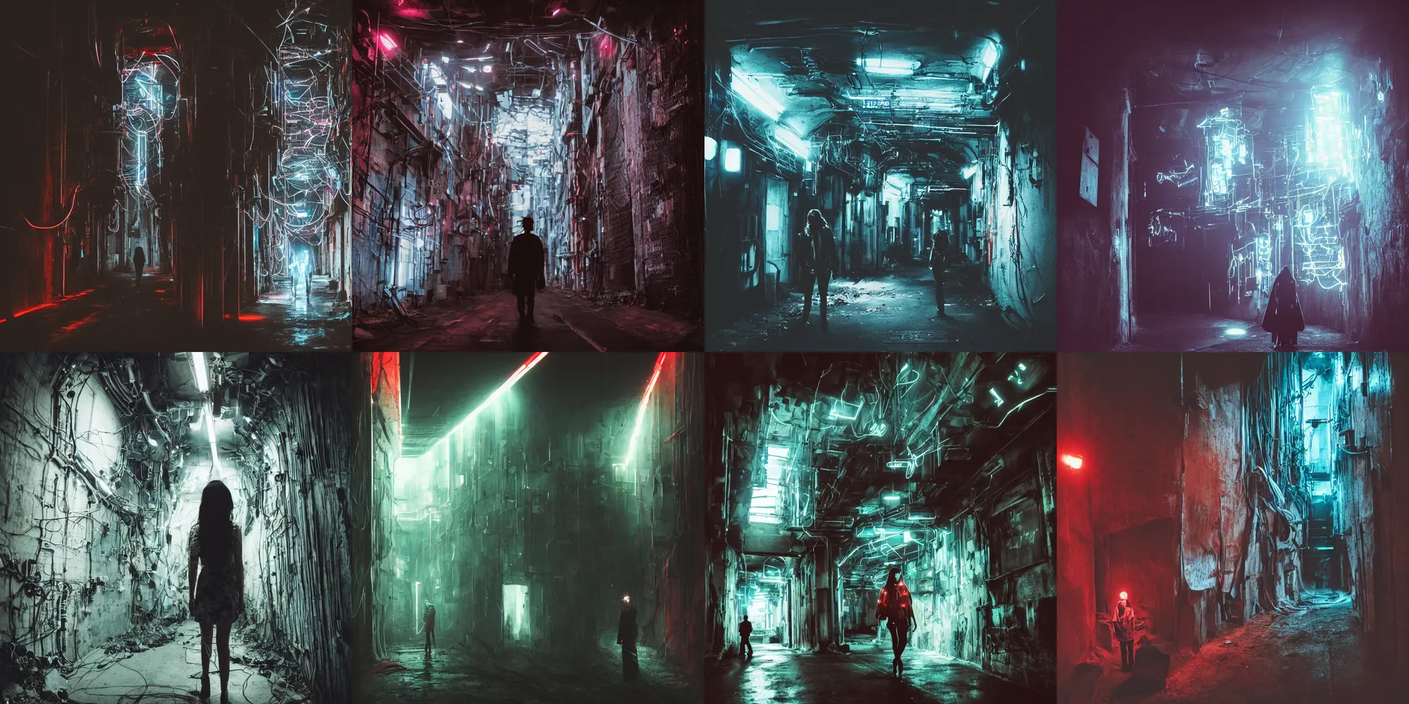 Prompt: a person in a dark tunnel with a light on, cyberpunk art by elsa bleda, trending on cg society, light and space, dystopian art, futuristic, circuitry