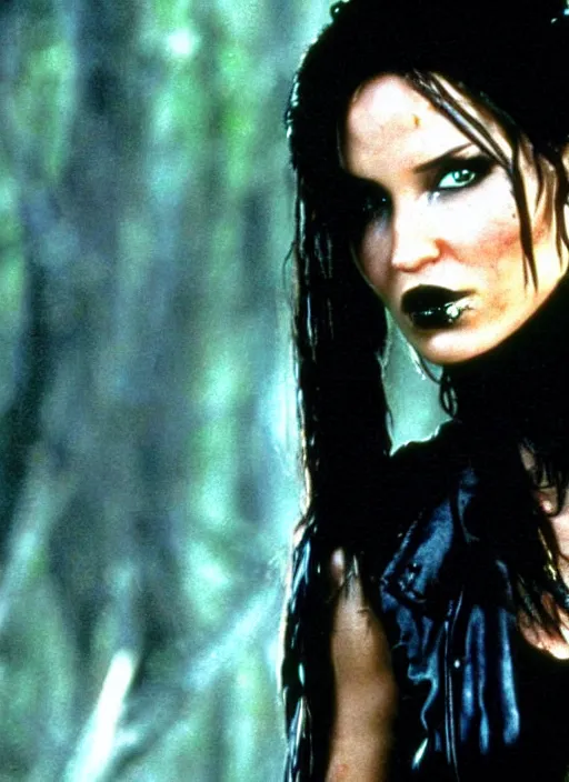 Prompt: candid photo of lara croft as a gothic vampire in the movie the lost boys