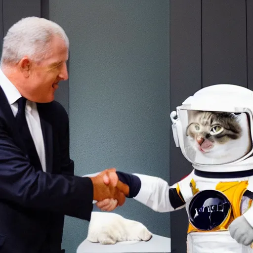 Image similar to cat astronaut shakes the hands with president