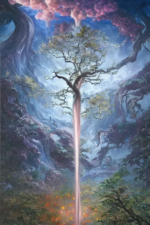 Prompt: tree of four seasons, volymetric light, highly detailed matte painting by noriyoshi ohrai, by charlie bowater, by mark brooks