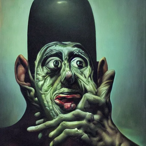 Image similar to Oil painting with black background by Christian Rex Van Minnen Robert Williams Salvador Dali of a portrait of an extremely bizarre disturbing mutated man with intense chiaroscuro lighting perfect composition