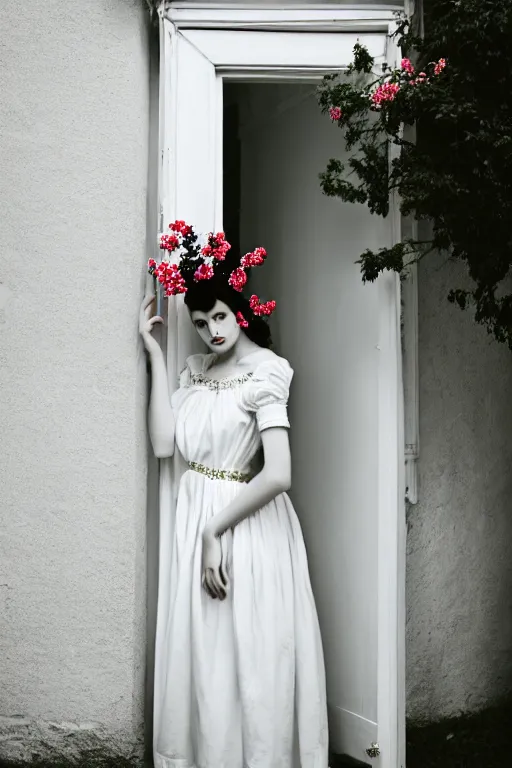 Image similar to a beautiful portrait photography of a female in beautiful dress standing by the white door ， by monia merlo, full body, fashion, romanticism, flowers, modern. model.