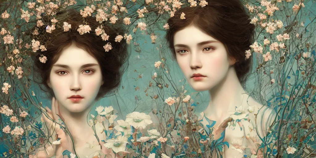 Image similar to breathtaking detailed concept art painting portrait of the goddess of nemophila flowers, orthodox saint, with anxious piercing eyes, ornate background, amalgamation of leaves and flowers, by hsiao - ron cheng, extremely moody lighting, 8 k