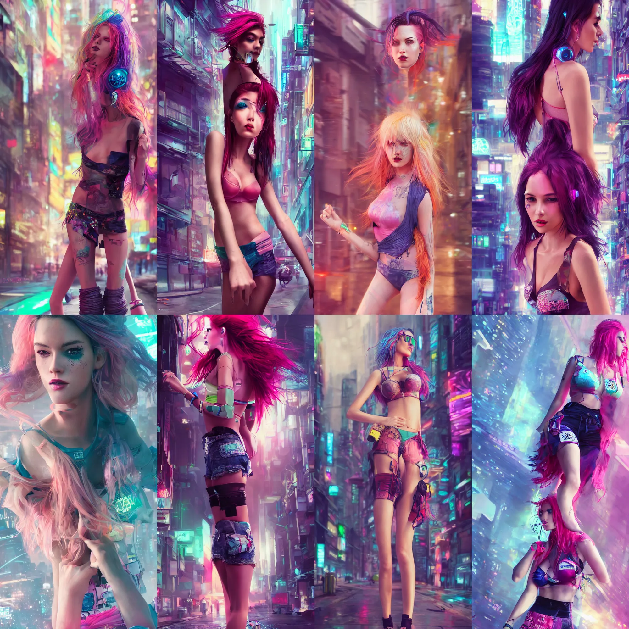 Prompt: fashion photography, gorgeous woman with colorful hairs, wearing bra and shorts streetwear, cyberpunk city street, costume design, illustration, cinematic color grading, editorial photo, fashion, hyperrealism, trending on artstation, by charlie bowater, detailed, intricate, elegant, vfx, postprocessing, octane render, 8 k