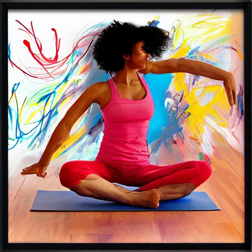 Image similar to chaotic yoga fitness teacher, expressive, hyperrealism, photorealistic