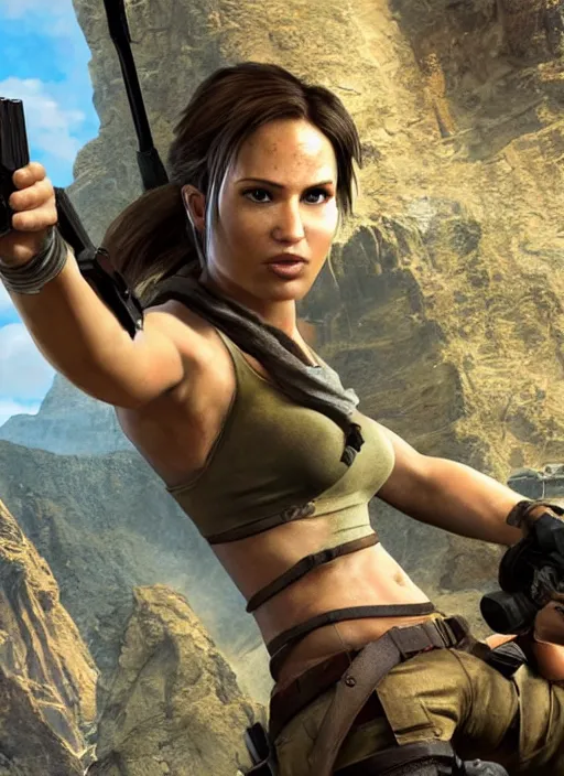 Prompt: lara croft pointing at the camera