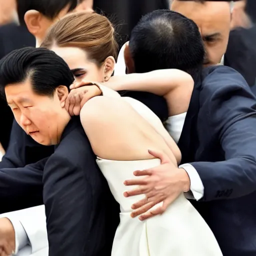 Prompt: angry emma watson putting xi jinping in a headlock as security agents close in