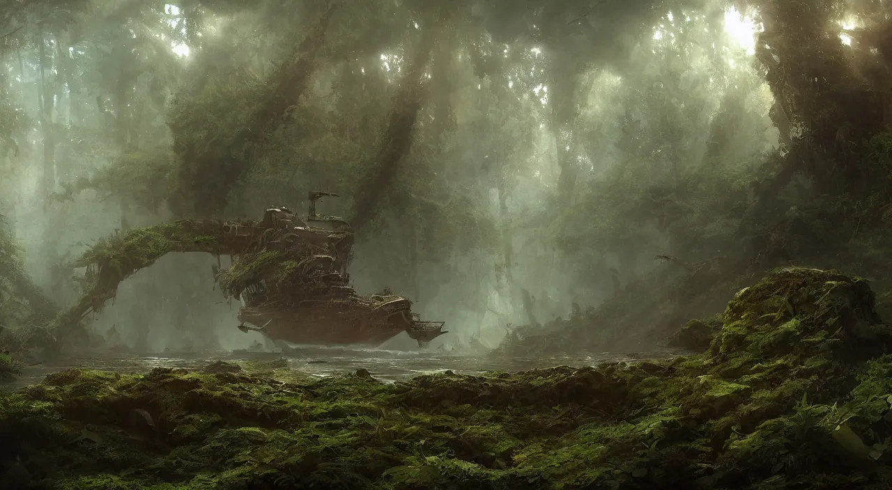 Prompt: rusty warship dreadnought shipwreck in a lush forest, volumetric lighting, god rays, sci-fi, ivy, moss, trending on artstation, concept art by Greg Rutkowski and Sebastian Luca, global illumination