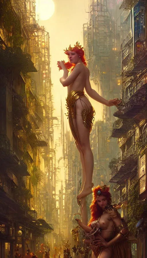 Image similar to golden goddess looking at a hyper realistic cyberpunk city, crowded market street overtaken by lush plants, kittens, full moon, light rays, gnarly trees by tom bagshaw, mucha, gaston bussiere, craig mullins, j. c. leyendecker 8 k