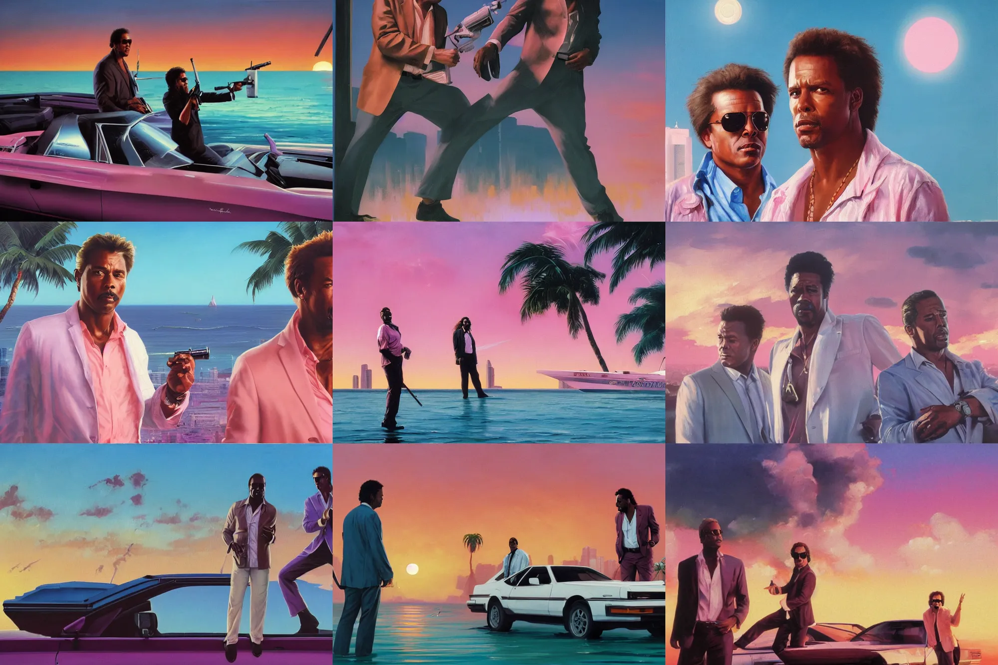 Prompt: an oil painting of crockett and tubbs, eighties miami vice, ultra realistic, highly detailed, sunset, masterpiece, cinematic by frank frazetta, greg rutkowski, beeple, yoko taro, christian macnevin, beeple, wlop, krenz cushart, epic fantasy character art, volumetric lighting, cgsociety, pink and teal