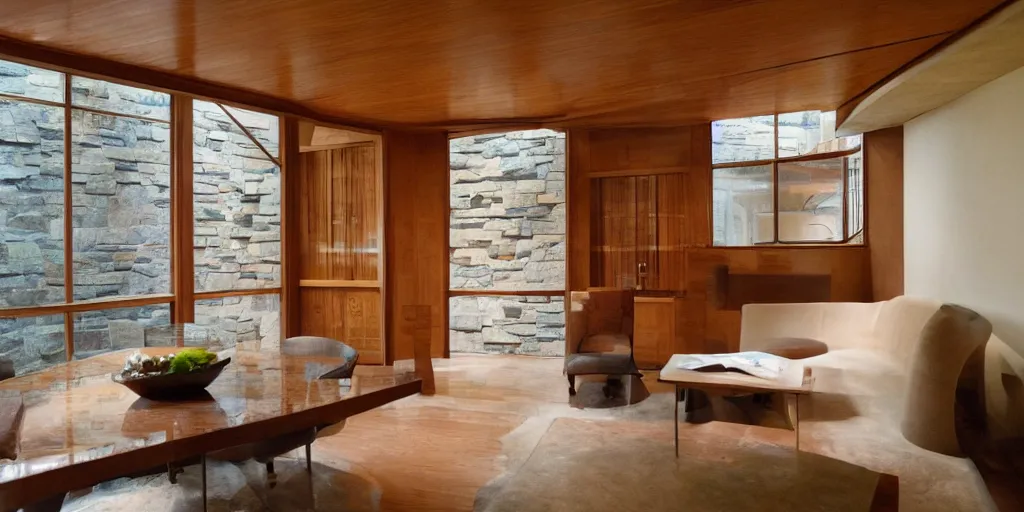 Prompt: interior of a small frank lloyd wright apartment with award winning stone work wall, photo