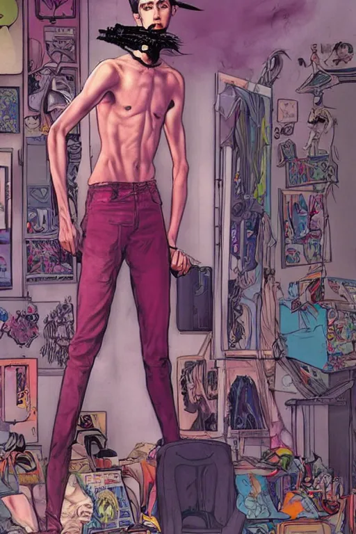 Prompt: a skinny goth guy standing in a cluttered 9 0 s bedroom, full body character concept art, vaporwave colors, gerald brom art,