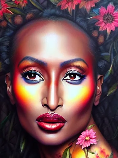 Prompt: portrait of iman with a floral background : : painted by artgerm, karol bak, artur bordalo, sandra chevrier : : portrait, character, illustration, hyperrealism, photorealism