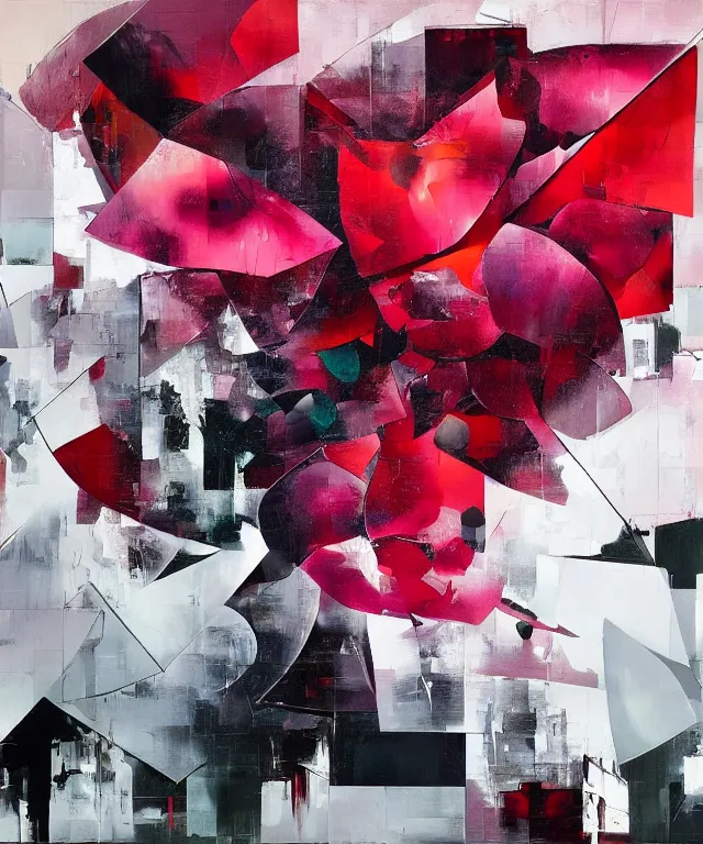 Prompt: acrylic and spraypaint portrait of origami architecture, frank gehry architecture, giant rose, rose petals, large triangular shapes, painting by totem 2, ashley wood, jeremy mann, masterpiece