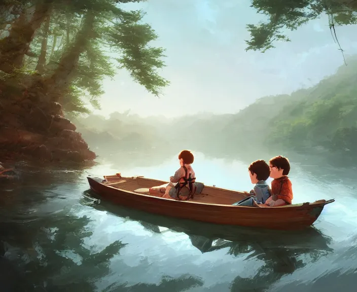 Image similar to a boy and girl sitting together on one single boat. Romantic. Girl has auburn hair, boy has short black hair. Narrow river in a forest, rocky shore, trees, shady, blue waters, ripples, waves, reflections, details, sharp focus, illustration, by Jordan Grimmer and greg rutkowski, Trending artstation, pixiv, digital art