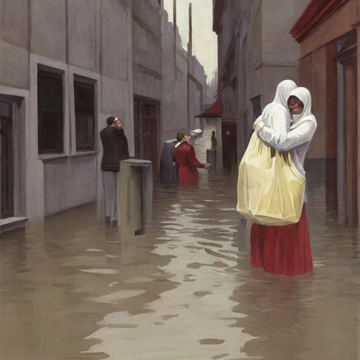 Prompt: two women hugging with a paper bag over the head, dressed in plastic bags, on flooded street of magnificent cathedral, highly detailed, artstation, art by , edward hopper, zdislav beksinski, wayne barlowe