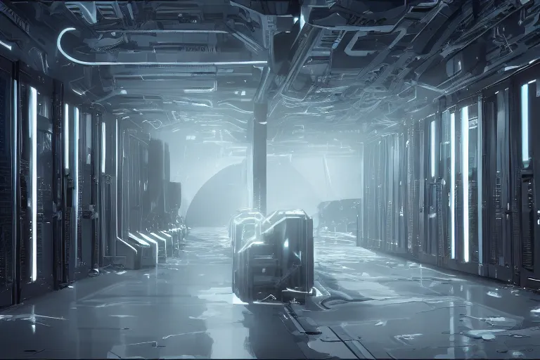 Image similar to parallax datacenter server room interior single mono colossus white rusty android guest robosaurus artstation cinematic detailed concept art volumetric light sharp coherent cgsociety symmetric perfect well balanced shadows lotr prometheus