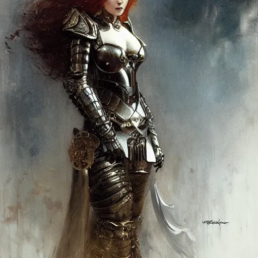 Image similar to beautifull young redheaded woman, wearing black and silver ornamental armour, detailed, by gaston bussiere, bayard wu, greg rutkowski, giger, maxim verehin, greg rutkowski, masterpiece, sharp focus, illustration, highly detailed, digital painting, concept art, matte