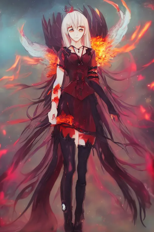 Prompt: a anime of beautiful full body concept art, ultra beautiful face, queen of hell wearing full fire clothing standing in a field, pixiv fanbox