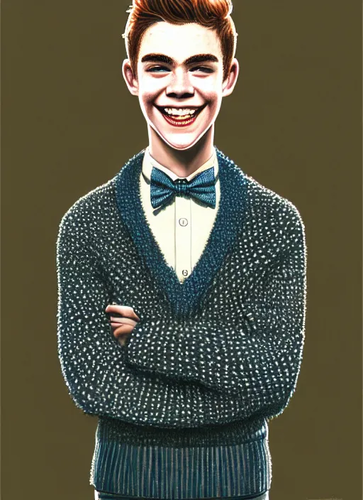 Image similar to portrait of teenage archie andrews, freckles, curly middle part haircut, curly hair, middle part hairstyle, smiling kindly, wearing a bowtie and sweater vest, intricate, elegant, glowing lights, highly detailed, digital painting, artstation, concept art, smooth, sharp focus, illustration, art by wlop, mars ravelo and greg rutkowski