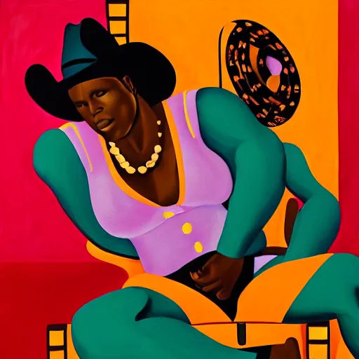 Prompt: beautiful symmetrical painting of a shirtless cowgirl with a chunky build wearing a cowboy hat and boots on edge of a chair at golden hour, sunset homoerotic, art deco!!, art nouveau, made by Kehinde Wiley, Kara Walker, Jacob Lawrence, Sam Gilliam, Edmonia Lewis,