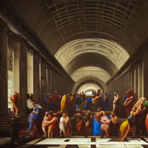 Image similar to cyberpunk the school of athens, iconic paiting, concept art, art, hyper detailed, intricate, 8 k, illustration