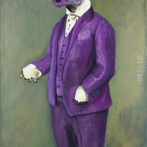 Prompt: Portrait of a psychotic crossbreed between a rabid dog and a toad, in a purple suit, oil painting